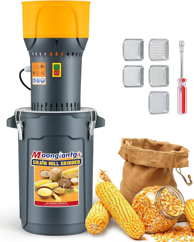 Moongiantgo Grain Mill Grinder Electric Corn Grinder 1300W Feed Mill Dry Cereals Grinder Detachable 6.6 Gal Bucket & Hopper, with 5 Sieves + 1 Socket Wrench, Molino de Maiz, 110V (25L)