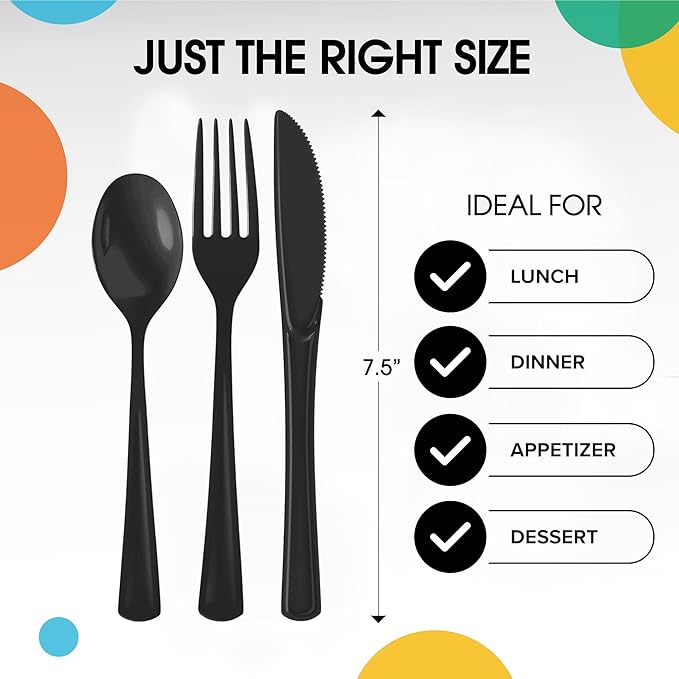 Party Solids Black Plastic Silverware Heavy Duty 150 Pieces Black Disposable Silverware Heavy Duty, Utensil Sets, 50 Of Each Forks, Knives & Spoons Disposable Cutlery Set For Party Supplies