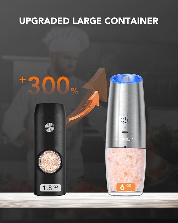 FORLIM Gravity Electric Salt and Pepper Grinder Set, USB Rechargeable 9oz Large Capacity Salt Grinder, Automatic One-Click Grinding One Hand Operated Adjustable Coarseness Pepper Mill(Silver)