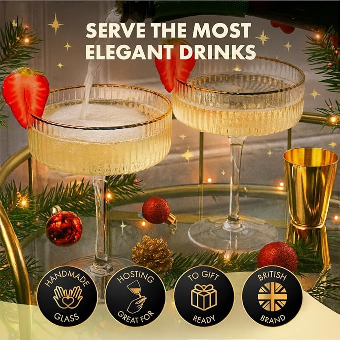VEMACITY - Luxury Gold Cocktail Shaker Set - 15oz Glass Shaker with Strainer + 2 Gold-Rim Ribbed Martini Glasses (10oz) & Bar Tools | Espresso Martini Glasses | Ideal for Christmas & New Years