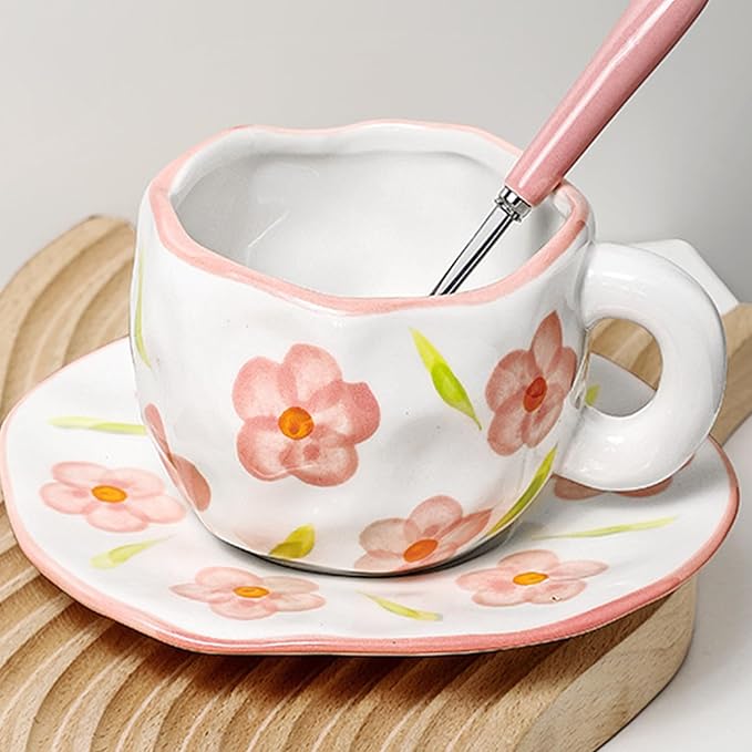 Coffee Mugs Set with Saucer Cute Flowers Cup Gifts for Women Birthday Tea Coffee Mug with Coaster 250 ML Ceramic Cup Birthday Gift for Women Girls Mom Friend Coffee Mug aucer Set