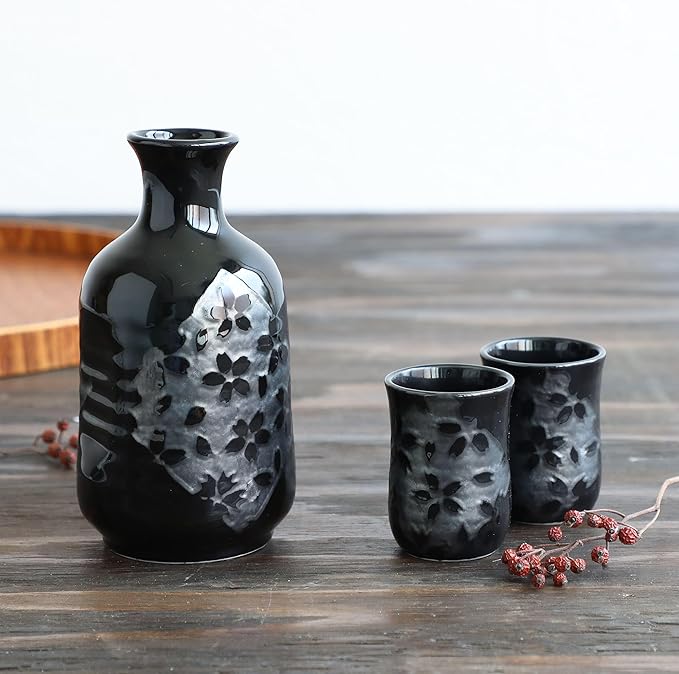 Asayu Japan Japanese Sake Set, Sakura Cherry Blossom Design, 1 Tokkuri Bottle with 2 Ceramic Cups, Black, Made in Japan Pottery