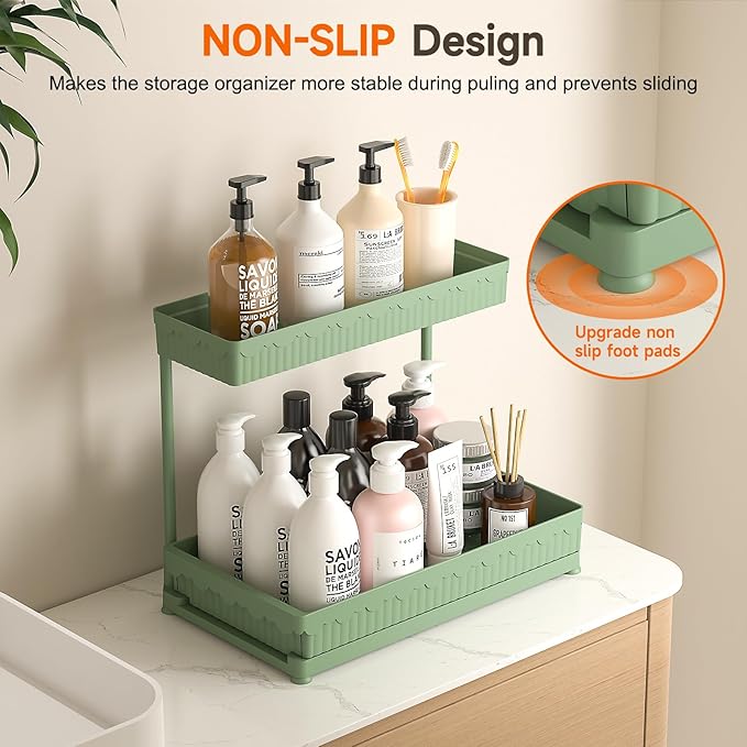3 Pack Multi-Purpose Under Sink Organizers and Storage, 2025 L-Shaped Pull Out Cabinet Organizer for Bathroom & Kitchen, Under Cabinet Organizer with Hooks Hanging Cup, Green, 14.85 inch