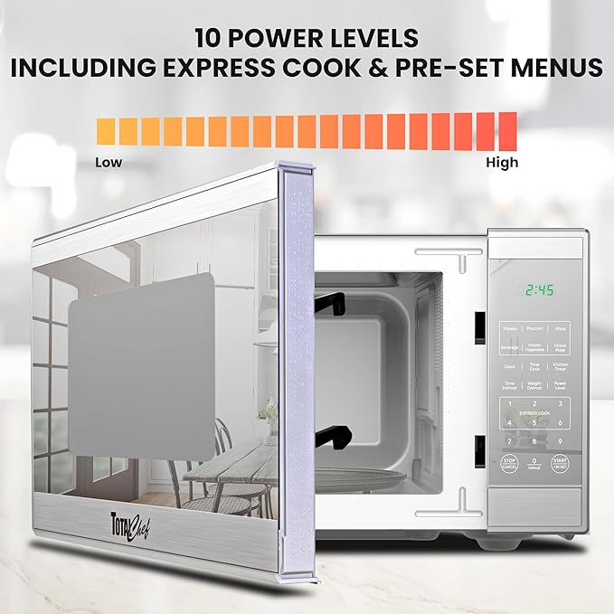 Total Chef 1.3 Cu Ft Microwave Oven – Compact Countertop Kitchen Appliance, Small Stainless Steel Microwave with Digital Touch, Pre-Set Functions, 12.8” Turntable, 1100 Watt