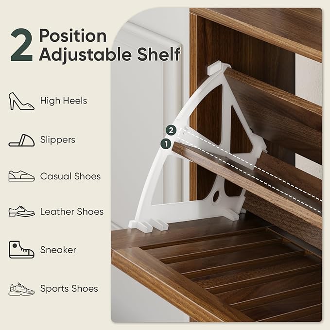 Shoe Cabinet with 2 Flip Slatted Drawers, Farmhouse Slim Shoe Organizer Rack with Golden Handles, Freestanding Hidden Entryway Storage for Hallway, Walnut