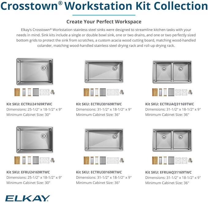 Elkay ECTRU24169RTWC Crosstown 25-1/2" Undermount Single Basin Stainless Steel Kitchen Sink with Basin Rack, Basket Strainer, Colander, and Cutting Board - Stainless Steel