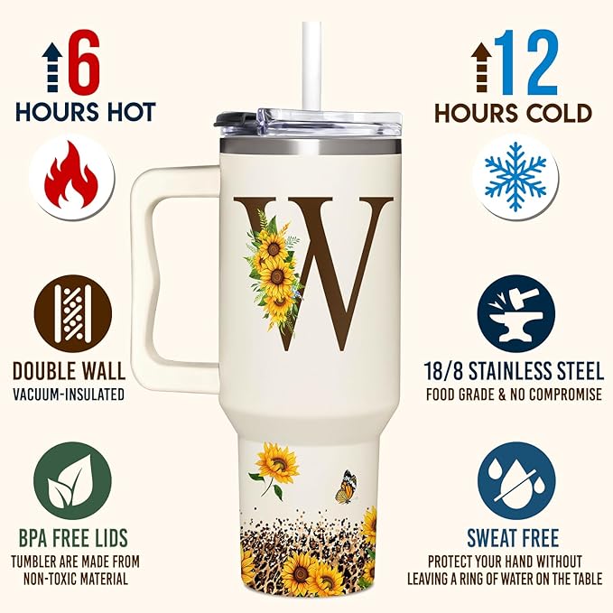 Personalized Birthday Gifts For Women - Sunflowers Monogrammed Cup For Boss Day, Christmas - Customized Gifts For Women, Mom, Wife, Coworkers, Boss Lady, Her - Custom Tumbler With Handle 40oz