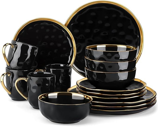 LOVECASA 16 Pieces Plates and Bowls Sets, Porcelain Black and Gold Dinnerware Sets, Round Dinner Plates Dishes Set Service for 4, Dishwasher Safe and Scratch Resistant, Black