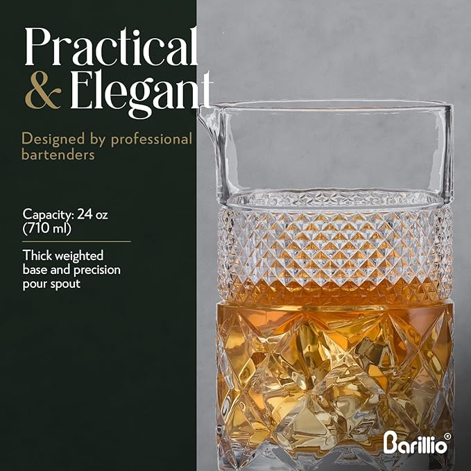 barillio 24 Oz Crystal Cocktail Mixing Glass | Seamless Lead-Free Crystal, Weighted Base Stirring Pitcher