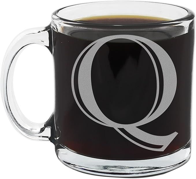 Spotted Dog Company Etched Monogram 12oz Clear Glass Coffee Mug (Letter Q), A-Z Customized Coffee Gifts, Custom Engraved Gifts for Women Her, Personalized Gift for Men, Initial