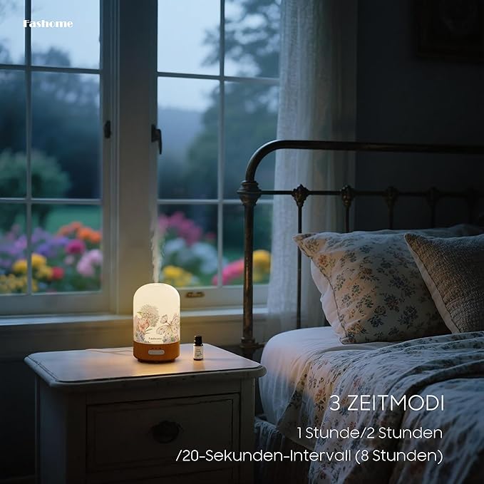Essential Oil Diffuser Hand Blown Glass, 100ml Small Aromatherapy Diffuser, Auto Shut-Off Function, Ultrasonic Diffusers for Essential Oils, Cool Mist Humidifier with Warm White Lights (Vanilla Oil)