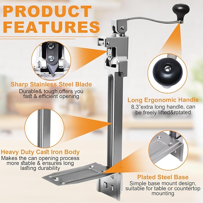 Commercial Can Opener Heavy Duty, Manual Tabletop Can Opener with 2 Blades and Plated Steel Base, Industrial Cans Opener Fits Big 10 Cans Up to 11" Tall for Restaurants/Hotels/Bars