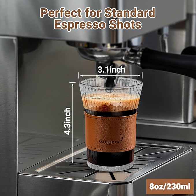 8oz Ribbed Glass Cups Set of 8 with Leather Grip, Clear Drinking Glasses for Iced Coffee, Latte, Cappuccino, Cocktail, Juice, Whiskey, Milk & Tea