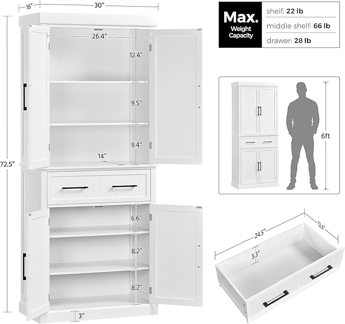 Yaheetech 72.5" Kitchen Pantry Storage Cabinet with Drawer, Freestanding Pantry Cupboard with Doors and 2 Adjustable Shelves, Modern Utility Pantry Cabinet for Dinning Room, Living Room, White