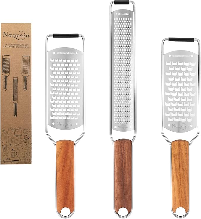 NAZANIN Grater Set of 3 – 304 Stainless Steel Cheese Grater, Zester & Vegetable Grater with Acacia Wood Handles – Handheld Kitchen Graters for Garlic, Ginger, Lemon, Nutmeg & more
