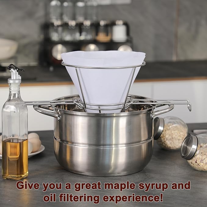 Maple Syrup Cone Filter Holder Stand, Stainless Steel Filter Strainer with 20pcs Cone Filter Paper & Folding Arms for Maple Syrup Making and Filtration of Cooking Oil, Kitchen, Food Truck, Restaurant