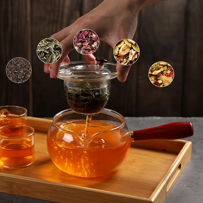 WHJY Glass Teapot with Infuser for Loose Tea, Small Clear Magic Tea Kettle for Stove Top, Clear Japanese Tea Kettle with Wooden Handle Kyusu Teapot - 17oz