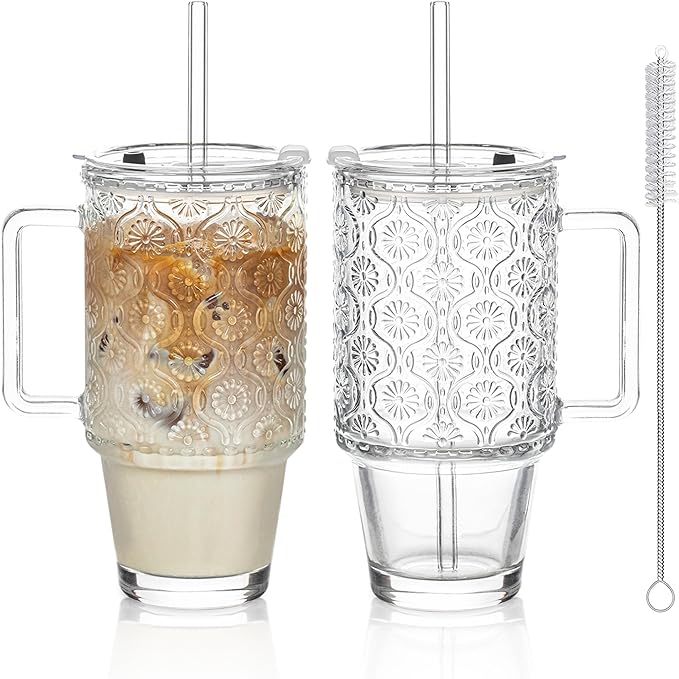 KEMORELA 24 Oz Ribbed Glass Tumblers with Lids and Straws, Tumbler Cup with Handle, Iced Coffee Glassware, Clear Reusable Drinkware for Smoothies and Beverages