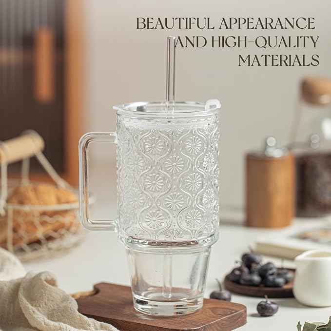 KEMORELA 24 Oz Ribbed Glass Tumblers with Lids and Straws, Tumbler Cup with Handle, Iced Coffee Glassware, Clear Reusable Drinkware for Smoothies and Beverages(1)