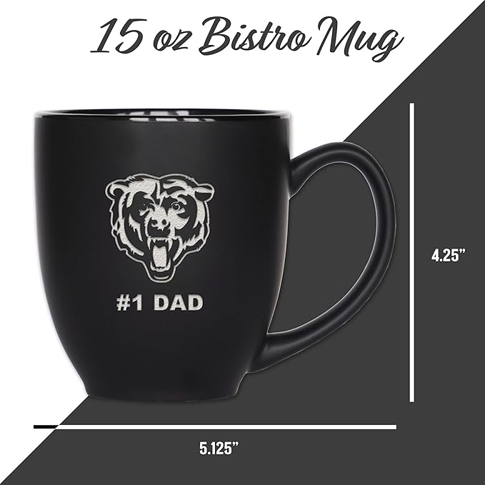 Rico Industries NFL Football #1 Dad 15oz Laser Engraved Matte Black Ceramic Bistro Mug - for Hot or Cold Drinks