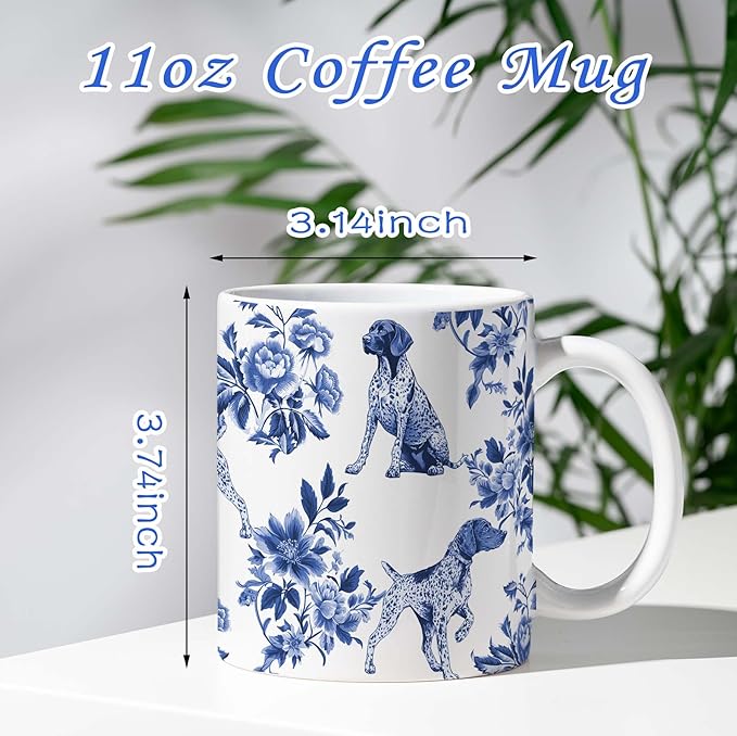 Pointers Blue French Toile Mug Cup, German Shorthaired Pointer Lover Gifts for Women, Blue Chinoiserie Toile Coffee Cup for Pointer Mom, Dog Lovers Tea Coffee Mug Birthday Gifts for Dog Owners