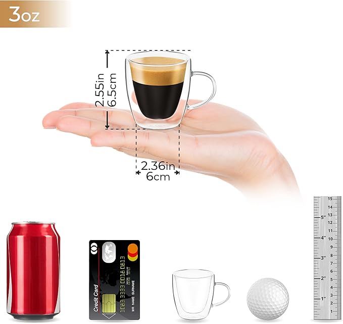 DLux Espresso Coffee Cups 3oz, Double Wall, Clear Glass Set of 2 Glasses with Handles, Insulated Borosilicate Glassware Tea Cup