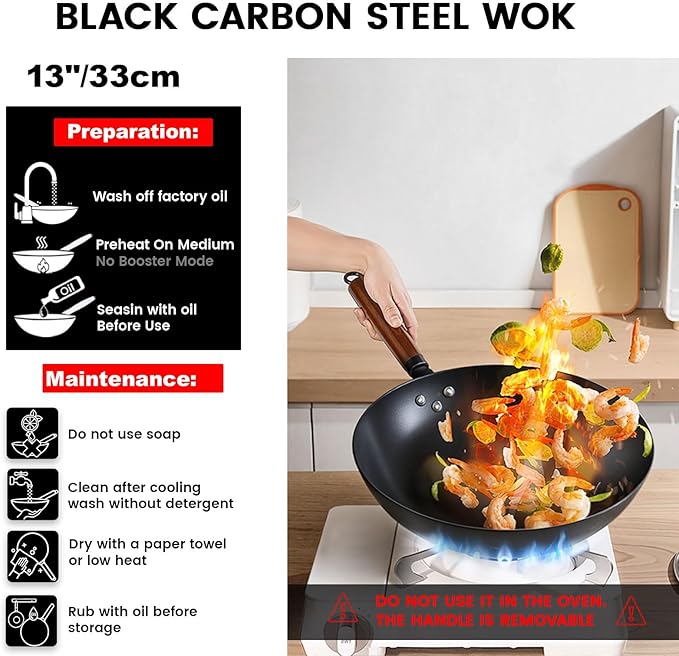 13-inch Round-Bottom Deep-Nitrided Carbon Steel Wok with Tempered Glass Lid & 304 Stainless Steel Rack, Naturally Nonstick After Seasoning, for Induction Wok Cooktops & Gas Stoves