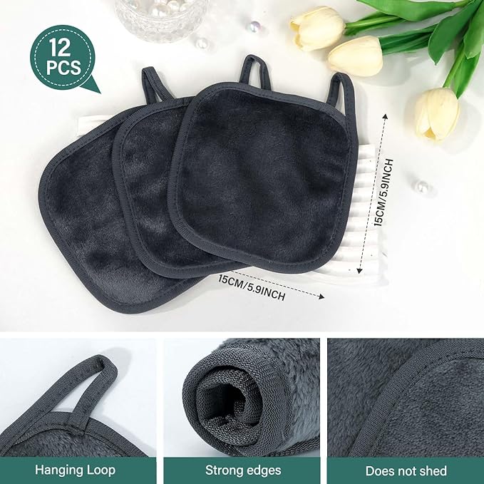 12 Pack Makeup Remover Cloth, 6" x 6" Reusable Makeup Remover Towels Face Washcloth for Washing Face, Makeup Remover Pads Cosmetic Face Wash (Grey)