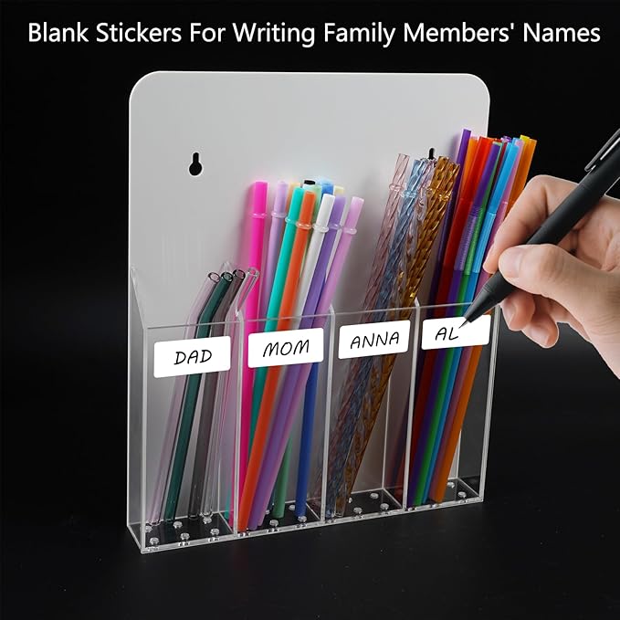 Acrylic Straw Holder for Cabinet Door Large Capacity 12"x10" Reusable Tumbler Drinking Straws Organizer Dispenser Storage for Cupboard with Ultra Sticky Adhesive Squares and Stickers