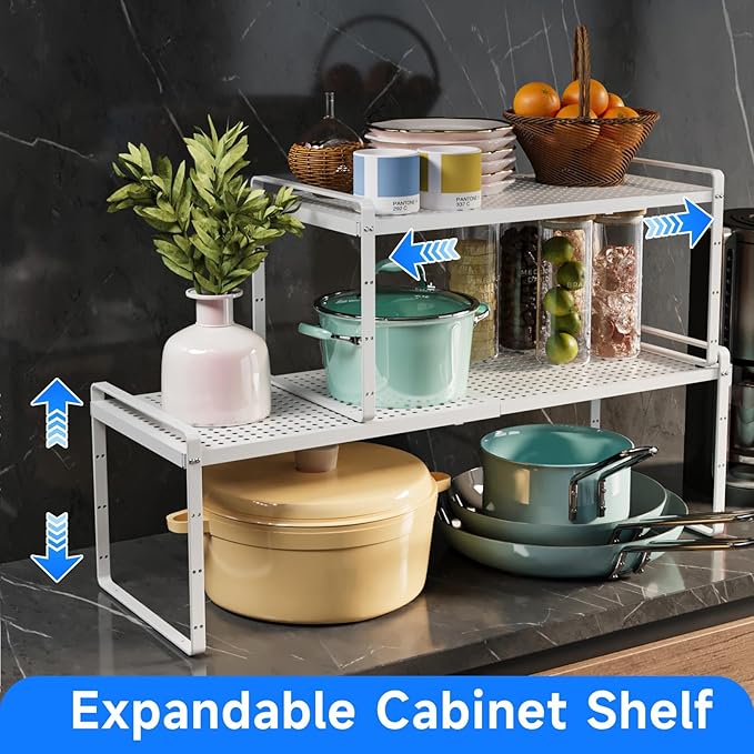 Expandable Cabinet Shelf Organizers, Kitchen Small Stand Rack Organization for Countertop Cupborad Pantry, White 2 Pack