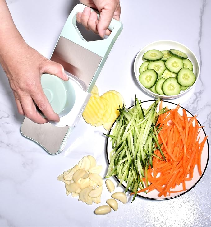 Multi-Purpose Mandoline Slicer for Kitchen with Slide-On Hand Guard - Vegetable Chopper, Potato/Onion/Garlic Slicer, Kitchen Grater(Multi-Color) (Seafoam green, 5-in-1)