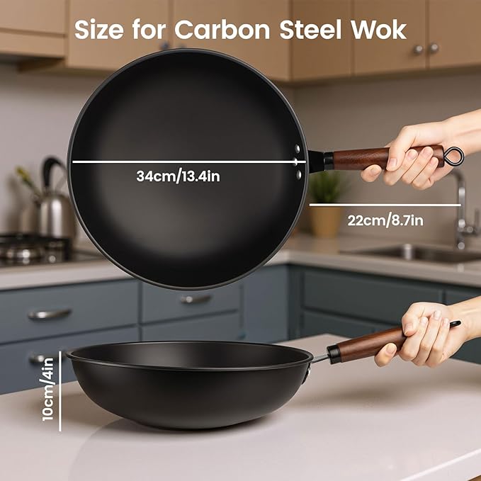 13-inch Round-Bottom Deep-Nitrided Carbon Steel Wok with Tempered Glass Lid & 304 Stainless Steel Rack, Naturally Nonstick After Seasoning, for Induction Wok Cooktops & Gas Stoves
