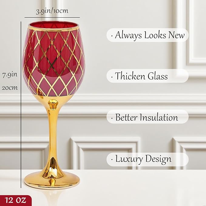 Red and Gold Wine Glasses Set of 6, Colored Stemmed and Rimmed Decorative Fancy Drinking Glass, for Gifts, Wedding, Thanksgiving, Birthday, Christmas Goblets Glassware Drinkware, 12oz
