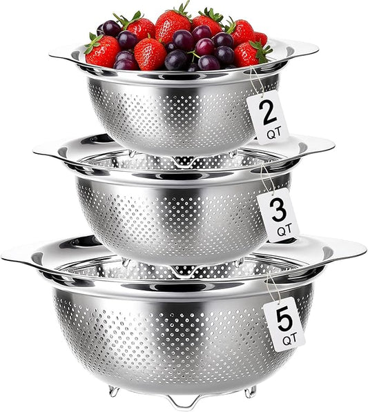 3 Pcs Stainless Steel Colander Strainer Set Metal Colander for Kitchen Pasta Strainer for Rice Food Fruits Spaghetti Vegetables (2QT, 3QT, 5QT)