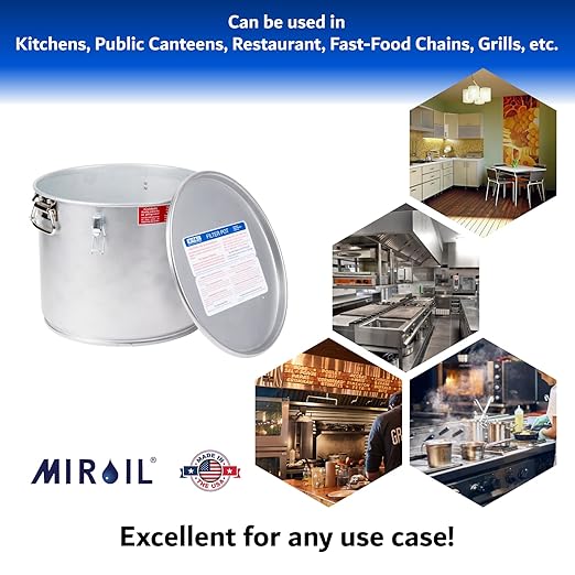 MirOil 5 Gallon Oil Grease Bucket & Filter Pot – Silver Fryer Container with Lid Lock & Lock Clip - Low Profile Hot Grease Collection Pot for Disposal Under Drain Valves – Model #40L