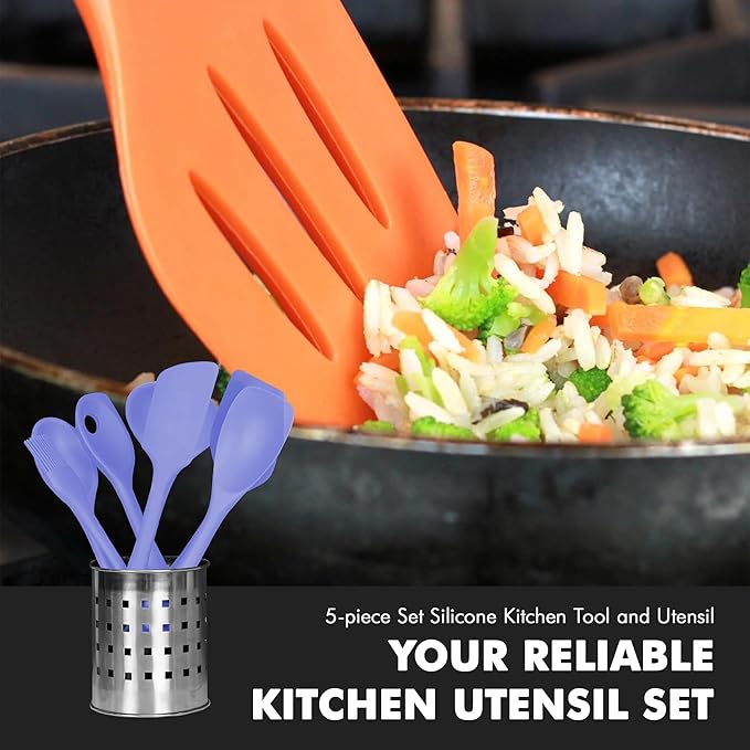 Chef Craft - Premium Silicone Kitchen Tools and Utensils Set, Non-Scratch, Withstands Temperatures up to 450°F, BPA-Free, 5 Piece Cooking Utensils Set, Pastel Blue