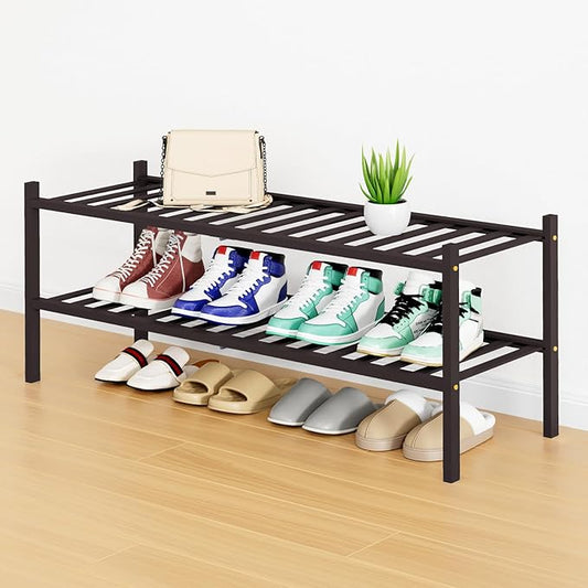 Smiry Shoe Rack, 2 Tier Long Bamboo Shoe Organizer, Stackable Free Standing Wooden Shoe Storage Shelf for Closet, Entryway, Front Door Entrance, Brown
