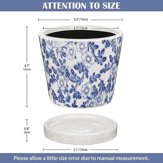 Ceramic Pot for Plants 5.5 inch Blue and White Pot for Plants Small Chinoiserie Planter Pots with Drainage Hole and Saucers Outdoor Inoor Blue Flower Pots for Succulent, Cactus, Snake Plant, Herb