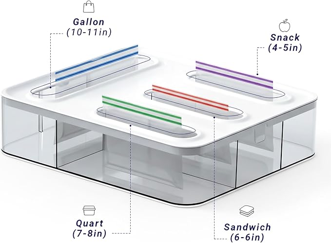 Food Storage Bag Organizer, Plastic Baggie Holder, 4 in 1 Plastic Bag Organizer for Gallon, Quart, Snack & Sandwich, Kitchen Drawer Organizer & Wall Mount Ziplock Bag Holder, White/clear