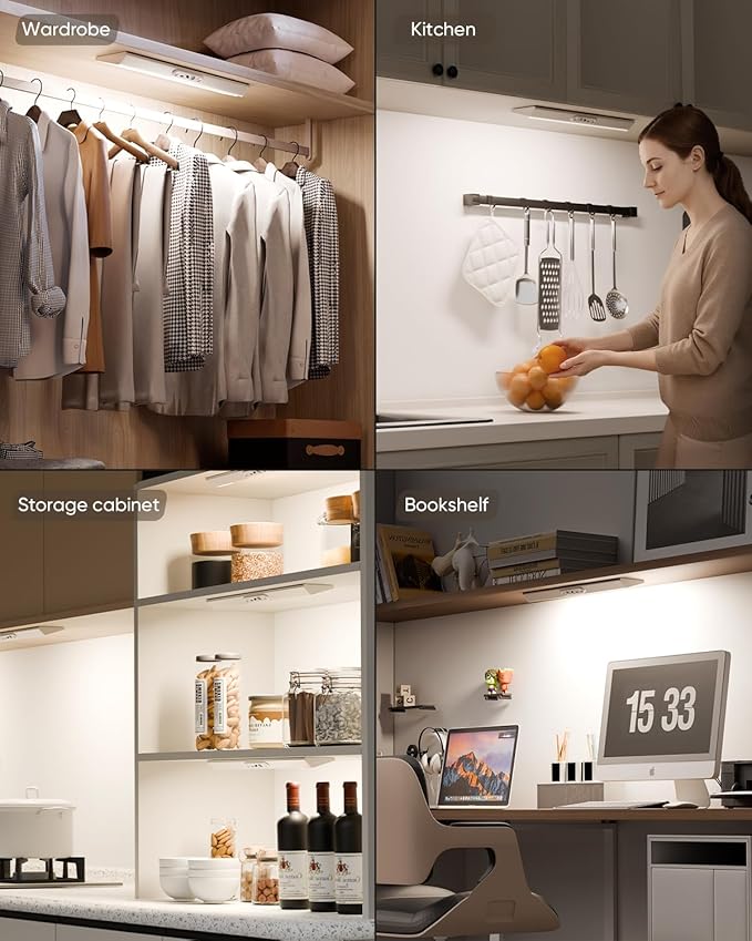 Motion Sensor Closet Lights, Eye Protection Design Under Cabinet Lighting Wireless with Remote Control, 3 Color Temps & Dimmable, Rechargeable Closet Lights for Kitchen, Wardrobe, Shelf, Pantry