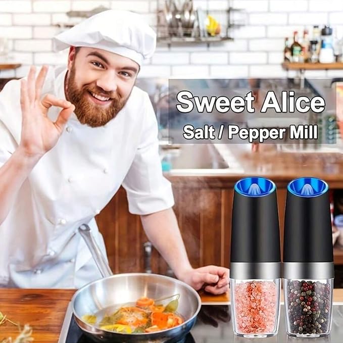 Gravity Electric Salt and Pepper Grinder Set - 2 Pack Automatic Mills with Adjustable Coarseness, LED Light, Battery Powered, One-Handed Use (Black) (Black+Black (Includes Cleaning Brush))
