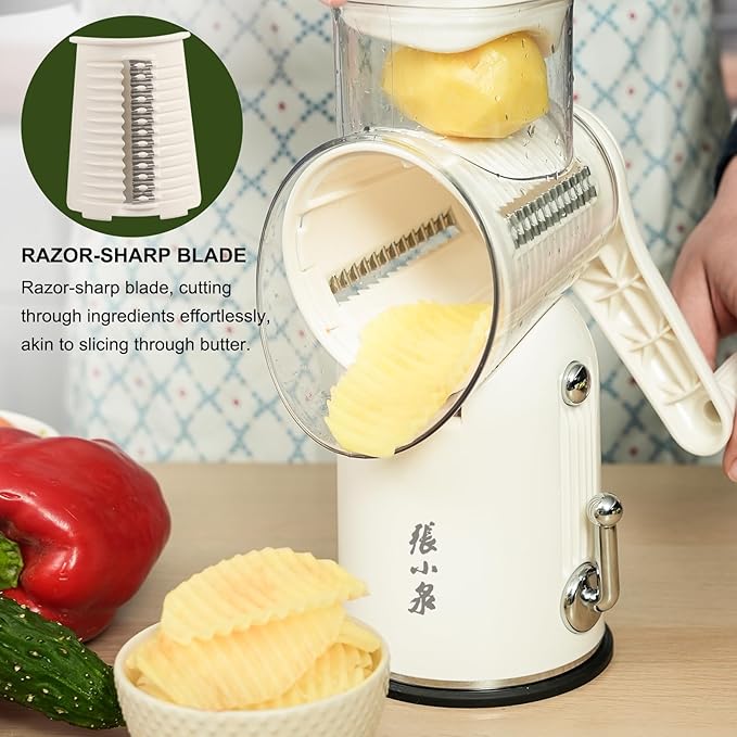 Rotary Cheese Grater Hand Crank with 5-in-1 Interchangeable Blades & Strong Suction Base Vegetables Shredder Manual Slicer for Kitchen, Cream