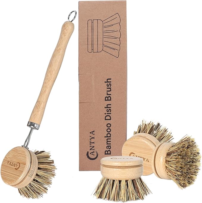 Bamboo Dish Scrubber with Handle 4 Replacement Heads, Natural Kitchen Scrub Brush,Sustainable & Biodegradable, Bamboo Dish Brush for Cleaning Cast Iron Pan/Pot(Hard Bristles)