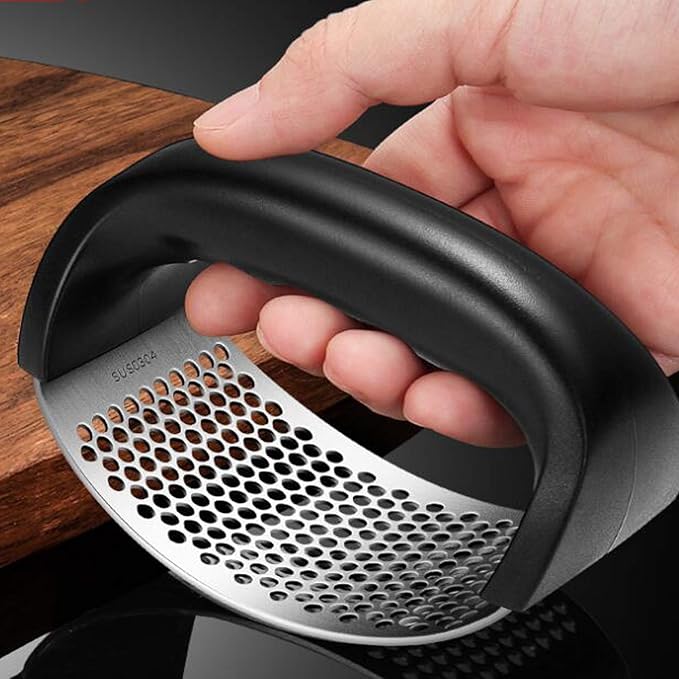 Garlic Press Rocker - Stainless Steel Garlic Crusher, Chopper, Mincer with Silicone Garlic Peeler, Mini Brush Tools For You (Black)