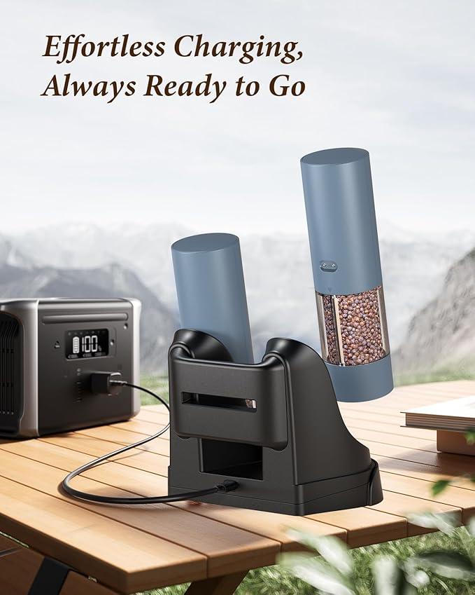 Electric Salt and Pepper Grinder Set - Automatic Refillable Salt and Pepper Grinders with Charging Base & LED Light, 6-Level Adjustable Coarseness with External Dial, Ideal Kitchen Gadget，Blue