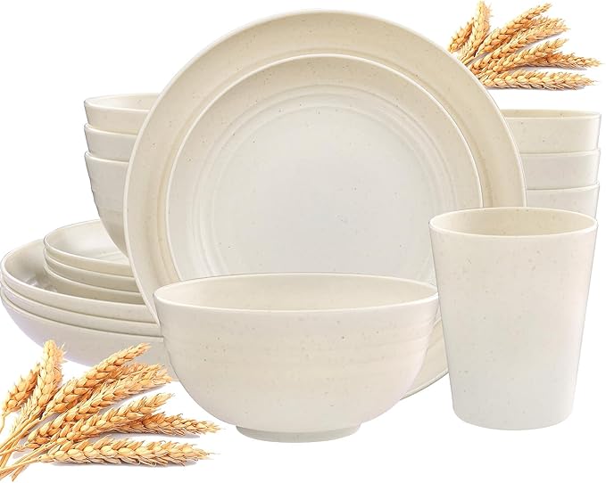 LIYH 16 Pcs Beige Wheat Straw Dinnerware Sets - Unbreakable Dinner Cream Plates,for 4 Plates and Bowls Set, Plastic Dinnerware Set Wheat Straw Bowls Cups Dish for 4 for Kitchen & Camping