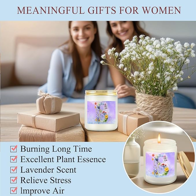 Personalized Gifts Monogrammed Birthday Gifts for Women, New Mom, Grandma Valentine's Day Thank You Christmas, Initial Wine Tumbler Makeup Bag Scented Candle Bracelet Set, (Aesthetic Purple Flower S)