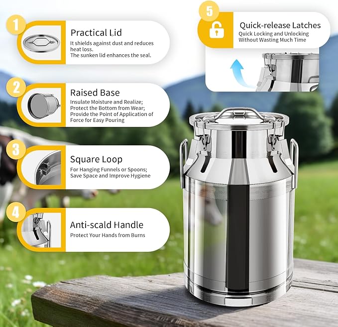 Milk Can Stainless Steel Containers with Lids Old Fashion Milk Jug Metal Bucket with Practical Handles, Sealed Bucket for Milk Water Wine Honey Oil Rice Tea Beans Grains (30L/7.93Gal)