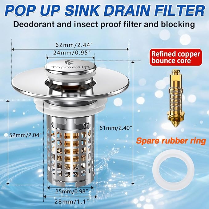 Sink Stopper Hair Catcher, Pop-up Sink Drain Strainer with Removable Stainless Steel Strainer Basket Hair Catcher, Bathroom Sink Strainer for Bathroom Sink Stopper Replacement