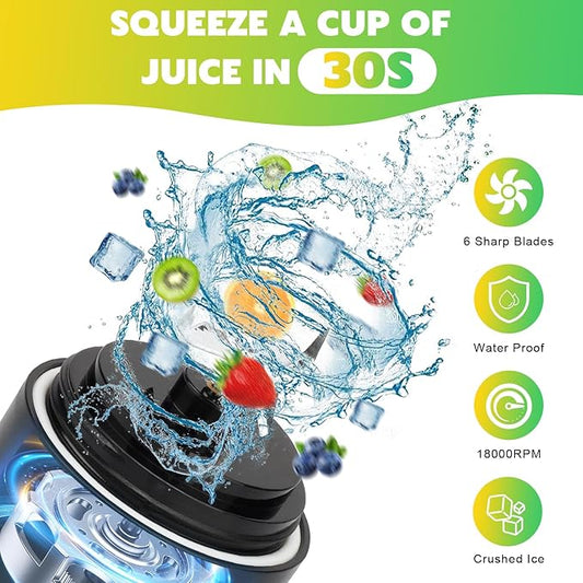 Portable Blender Personal Juicer for Shakes and Smoothies - 20 OZ Electric Protein Shaker Bottle with 6 Blades, Travel Lid, USB-C Rechargeable - Mini Small Blender Cup for Kitchen, Office, Gym
